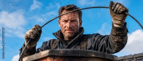 A confident worker cleans chimneys on the roof; a close-up portrait of a chimney sweep.