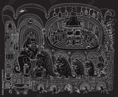 Vector thin line illustration on a black background. Fairy tale dragons, rats and cockroaches standing in line for the kitchen free food at night