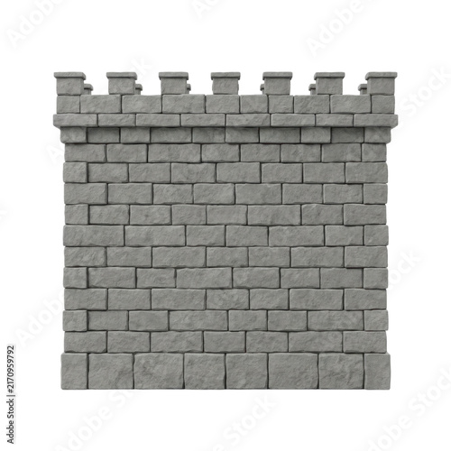 Isolated stone castle battlement wall section with gray granite bricks, a medieval fortification element.