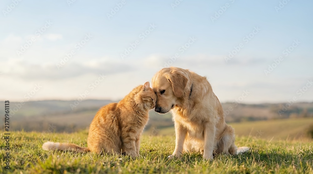 Fototapeta premium A cat and dog touching their heads together showcasing beautiful animal friendship and love between different species in a heartwarming moment of connection. cat dog touching their heads beautiful