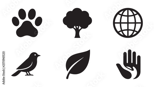 Set of minimalist black glyph icons illustrating key environmental and nature themes like animal paw tree global earth bird leaf and protecting hands vector illustration