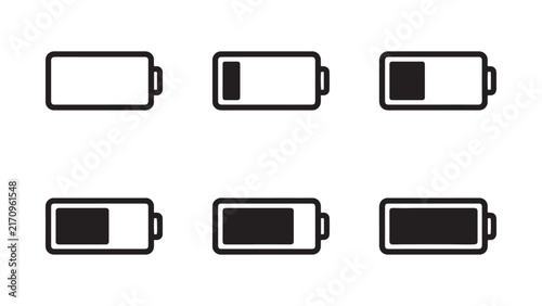 Battery charge indicator icons set displaying various power levels from empty to full for electronic devices mobile phones and gadgets vector illustration