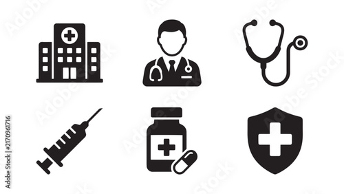 Comprehensive set of medical health and hospital icons including professional doctor uniform stethoscope syringe medication bottle pills and protective shield symbols for modern he
