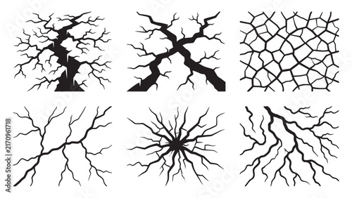 Set of various detailed cracked ground textures and destructive force impacts illustrating damage and breakdown in a clean black and white vector illustration