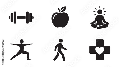 Health and wellness icons showing fitness nutrition mindfulness healthcare dumbbell apple yoga walking meditation medical cross vector illustration