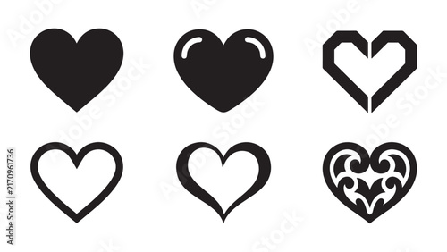 Collection of diverse heart shapes including classic solid outlined geometric and decorative styles representing love and affection vector illustration