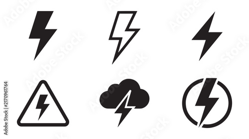 Set of lightning bolt and electricity symbols collection showcasing various power thunderbolt icons warning signs and energy symbols for digital design projects vector illustration