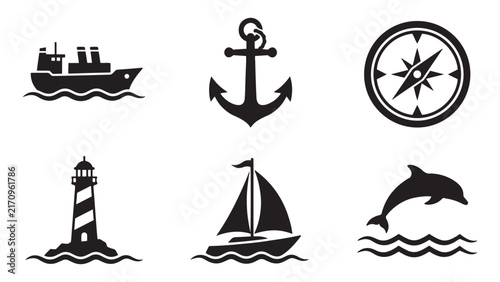 Collection of nautical and marine themed icons featuring ship anchor compass lighthouse sailboat and dolphin on waves black silhouettes perfect for ocean travel adventure explorati