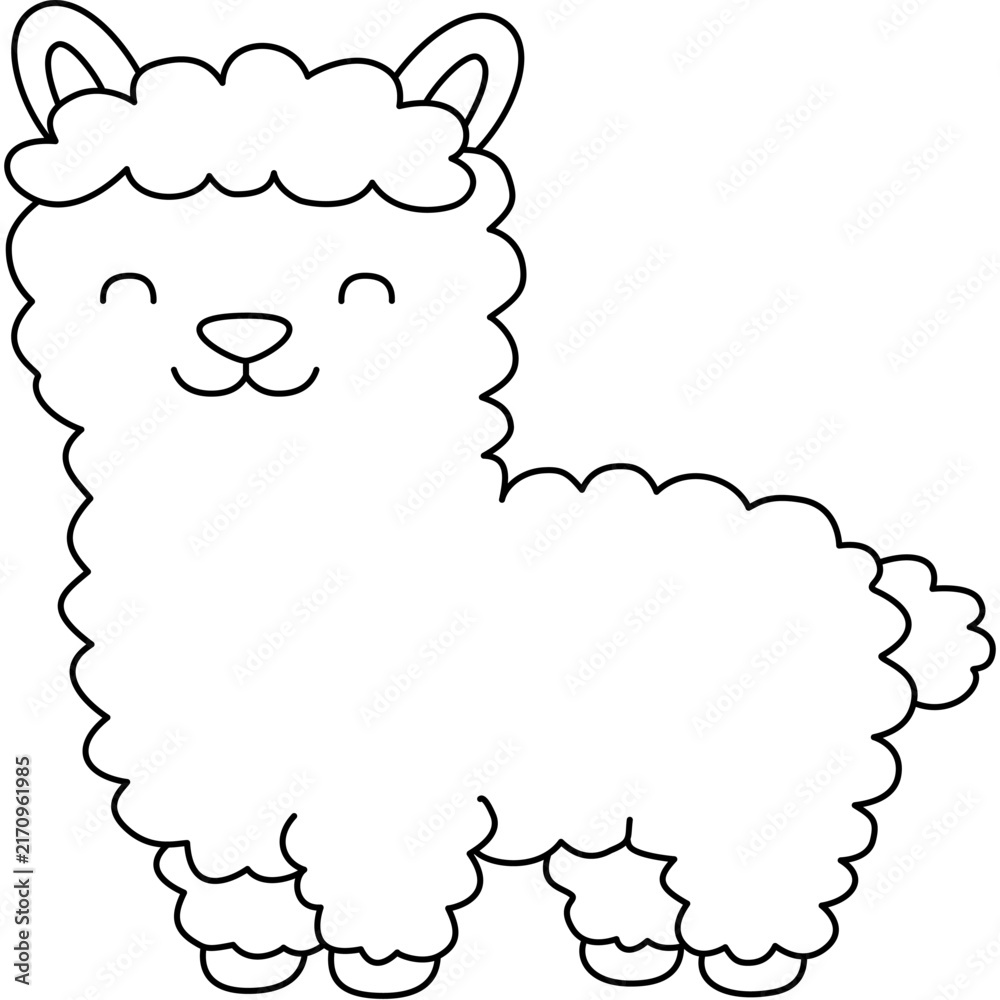 Naklejka premium Cute Fluffy Alpaca Standing Line Art Coloring Page Vector Illustration
