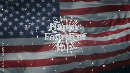 Happy Fourth of July Greeting with White Fireworks and Waving American Flag Looped
