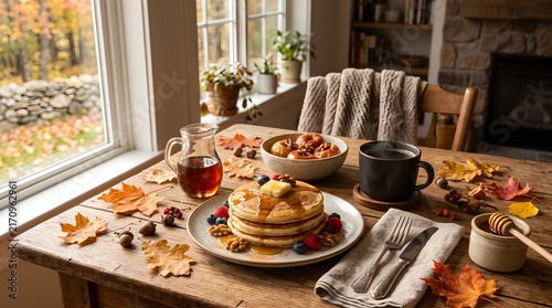 Delicious stack of pancakes topped with fresh berries and maple syrup on a rustic table next to a window with autumn foliage view