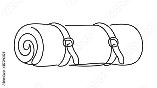 Rolled sleeping bag with straps white background.