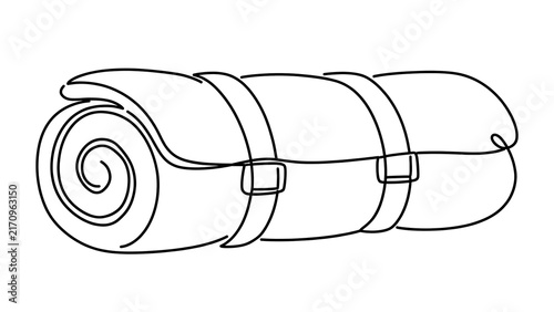 Rolled sleeping bag with straps white background.