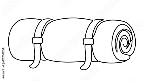 Rolled sleeping bag with straps white background.