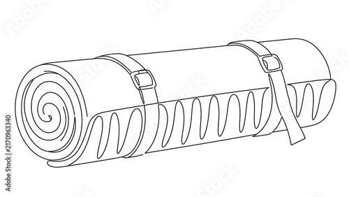Rolled sleeping bag with straps white background.