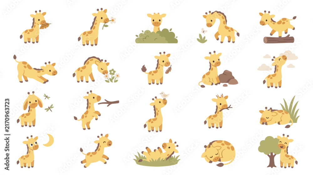 Obraz premium Set of cute cartoon baby giraffe characters in various poses and situations.
