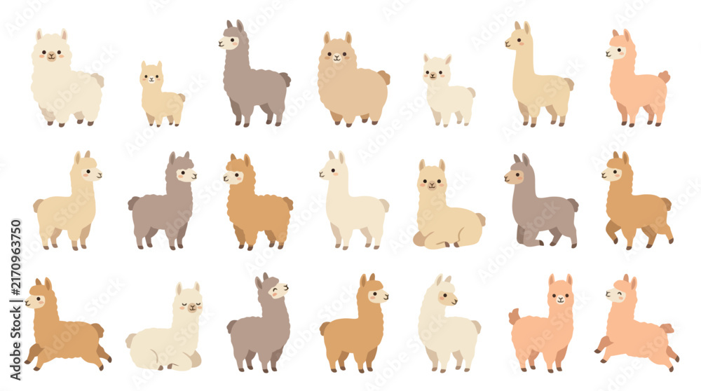 Naklejka premium Set of cute cartoon llama characters in various poses and colors isolated on white background.