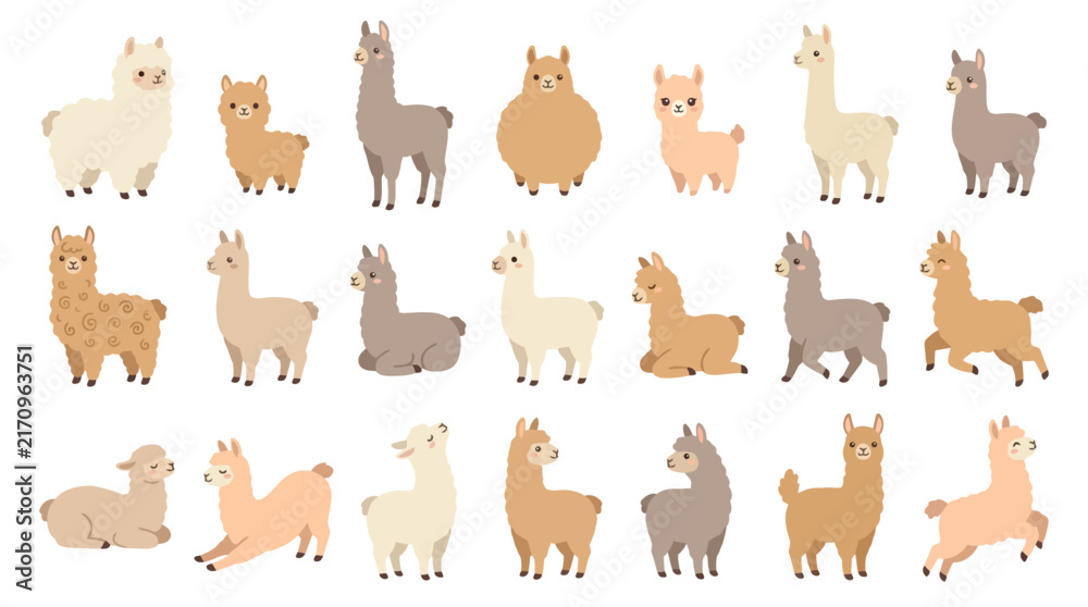 Naklejka premium Set of cute cartoon llamas and alpacas in various poses and colors.