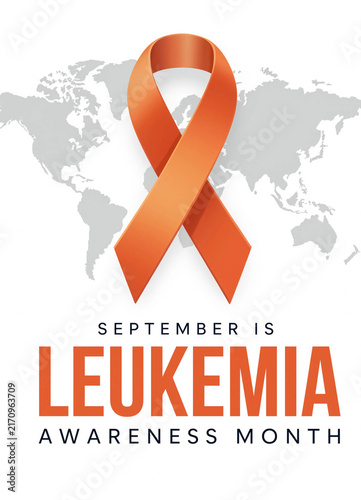 Orange awareness ribbon with a global map background representing leukemia awareness month observed annually in september to promote health education and support