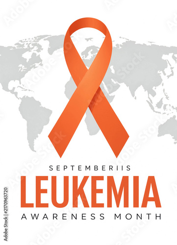 Orange awareness ribbon with world map background for leukemia awareness month symbolizing global support and medical solidarity for patients and families fighting cancer