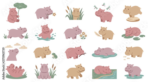 Bild auf Leinwand Set of cute hippo characters in various poses and activities isolated on white background
