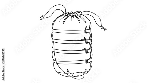 rolled sleeping bag with straps white background.