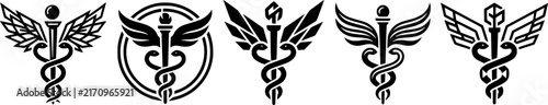 Caduceus medical symbol set, 5 black vector icons of Hermes staff with wings and snakes, healthcare and pharmacy logo elements in EPS format.