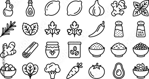 Set of hand drawn food and cooking ingredient icons including vegetables spices herbs and kitchen supplies