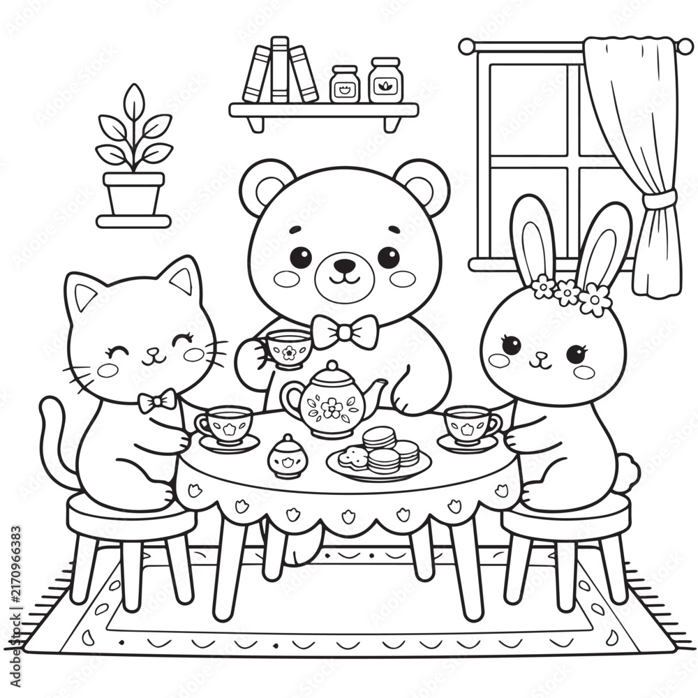 Fototapeta premium Cute Bear Cat and Rabbit Tea Party Coloring Page for Kids
