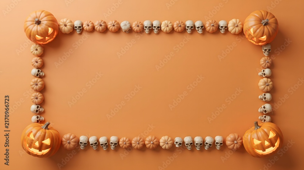 Fototapeta premium A festive rectangular frame made of small orange pumpkins on a solid light brown background for halloween celebrations