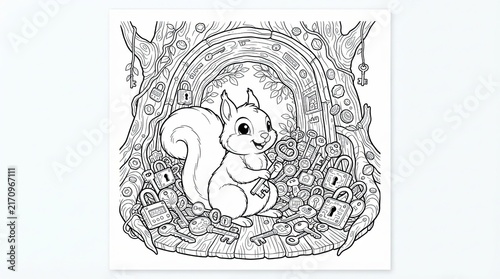 Cute squirrel sitting with many keys and locks in a forest scene