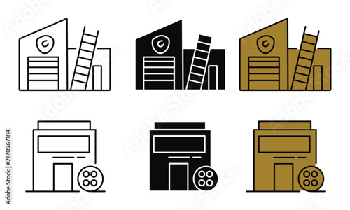 Of factory and cinema buildings in different visual styles and color palettes