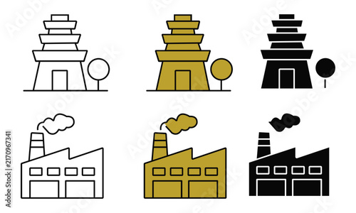 Pagoda and factory in outline solid gold and solid black styles
