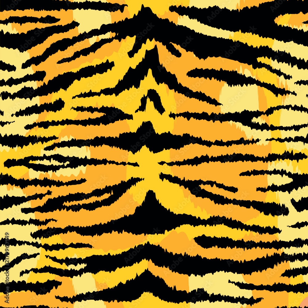 Naklejka premium Tiger leather seamless pattern. Vector wild animal skin detailed flat texture, black stripes fur print on orange spotted background. Abstract jungle safari texture for fabric, decor, fashion, textile.