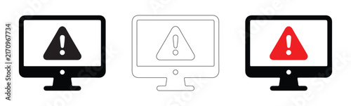 Computer Monitor Security Warning Exclamation Mark Alert Icon Set Vector