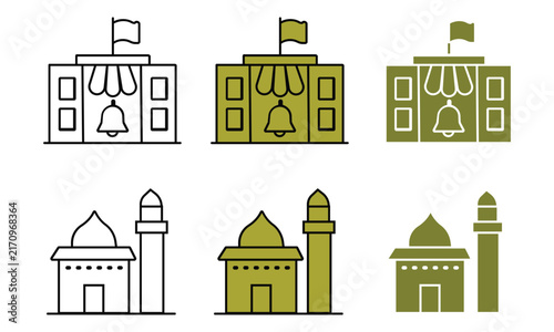 School building with bell and mosque in outline, color, and silhouette styles