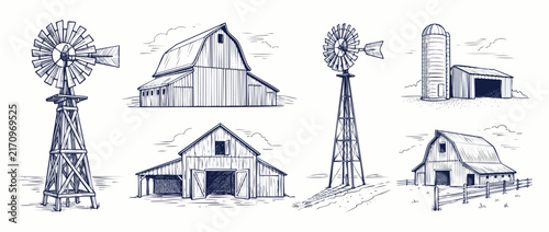 Vintage farm barn windmill illustration vector set featuring rustic wooden barns, farmhouses, silos, and water pumping windmills in detailed hand drawn line art style on isolated white background.