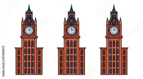 Clock tower building set in flat vector illustration style
