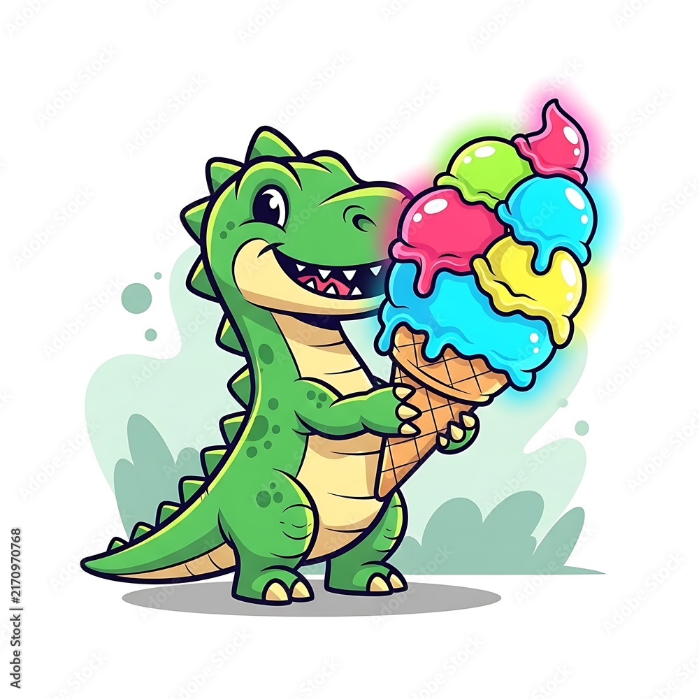 Fototapeta premium Cartoon green monster character with colorful balloons.