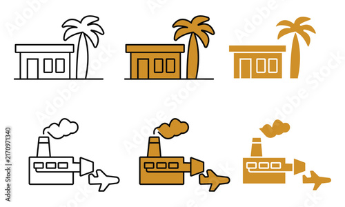 Tropical building with palm tree and factory with airplane in three styles
