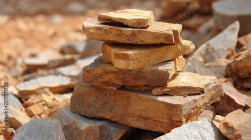 Pile of Natural Stone Slabs on Rocky Ground in Outdoor Setting