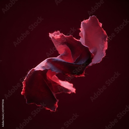 Abstract twisted pink and purple fabric ribbon floating in dark space with purple silk twisted form floating object dark background fluid dynamics