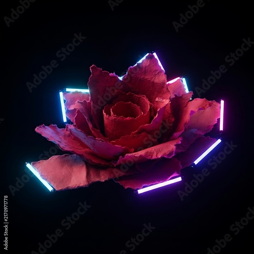Red flower blossom illuminated by neon light strips in the dark with glowing lights dark background neon glow neon tubes digital art botanical