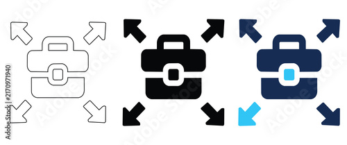 Obraz na plátně Set of briefcase icons with outward arrows representing business expansion, grow