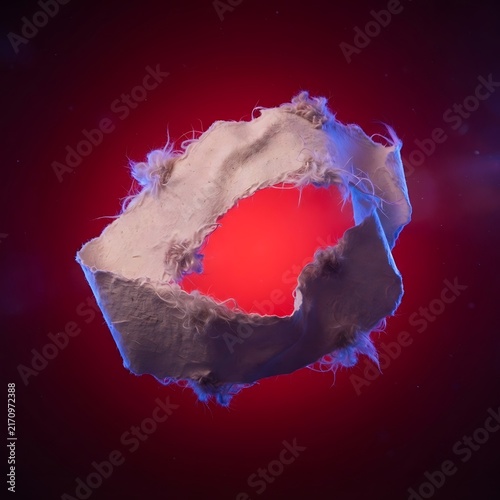 Abstract textured ring shape floating against a deep red background with ring object modern art sculpture artistic creative minimalist structure