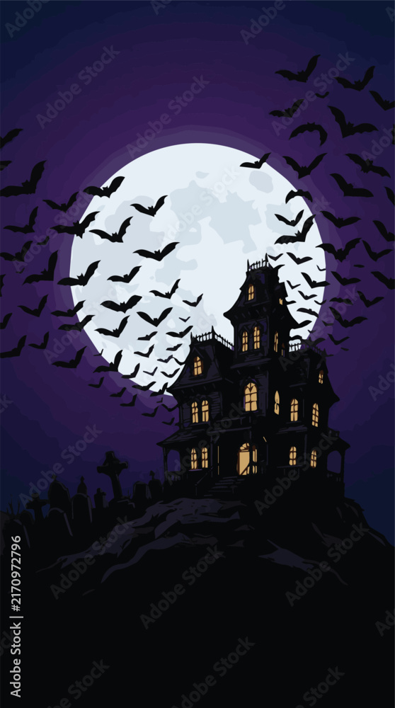 Fototapeta premium Haunted House with Flying Bats and Full Moon Halloween Illustration