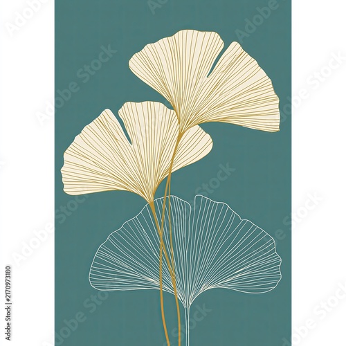 Stylized ginkgo leaves minimalist botanical wall art. Stylized ginkgo leaves and branches forming a modern botanical illustration on a teal background