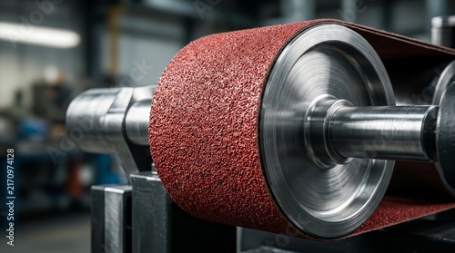 Close up of abrasive emery paper belt on industrial machine rollers.
