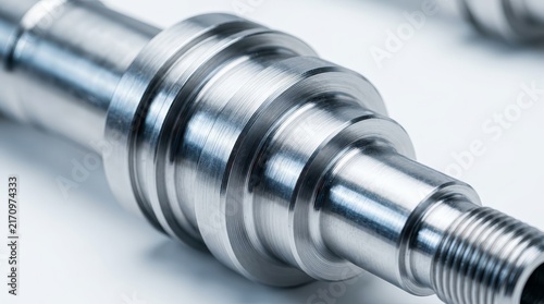 Industrial metalworking background featuring a polished steel shaft with circular grooves.