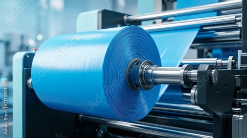 Close-up of a polyethylene plastic bag production machine roller in a light blue scene.